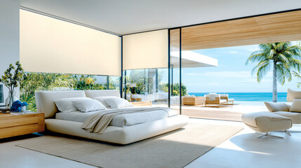 Room with a view of paradise: Motorized shades provide instant privacy and comfort, creating the perfect retreat to relax and wake up to the sound of the ocean.