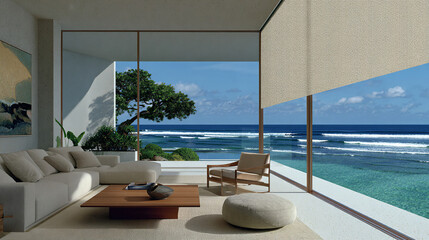 Luxurious living room with ocean views. Neutral-toned roller blinds, floor-to-ceiling windows, and modern furnishings create a calm and sophisticated ambiance.