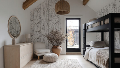 Modern guest room with a dark wood bunk bed. The tree-print wall, organic elements, and natural light create a peaceful haven.