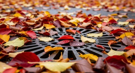 Fototapeta premium Autumn leaves covering a sewer grate on an urban street. Stormwater drain blocked by foliage. Ecological concept for pollution.