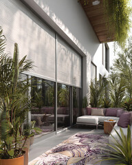 Elegant and welcoming balcony with roller blinds. An urban oasis with comfortable furniture, lush plants, and a patterned rug that invites relaxation.