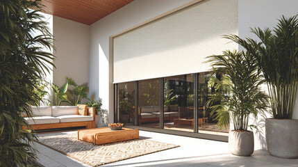 Minimalist and elegant terrace with roller blinds for optimal light control and privacy. A haven of tranquility with sophisticated furnishings and lush landscaping.
