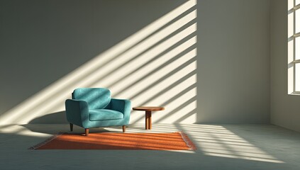 Teal armchair in sunlit minimalist room, website design