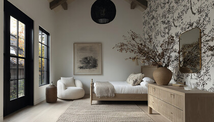 A rustic and serene bedroom with a modern touch. The floral print wall, natural wood bed, and organic elements create a cozy and elegant retreat.