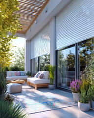 Urban oasis: luxurious balcony with modern blinds, elegant furniture, and a verdant environment that invites relaxation and serenity.