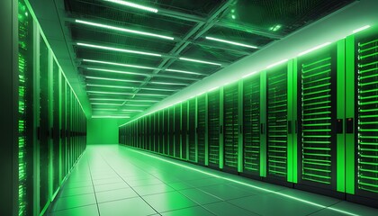 A long hallway in a server room with rows of servers and green lighting on the servers and ceiling
