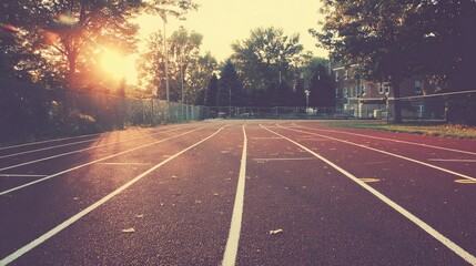 Empty running track at sunset.