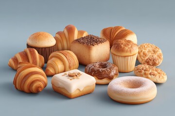 Assorted baked goods including croissants, muffins, and donuts sculpted in smooth clay style with shiny oily finish, ideal for mobile game shop ui and dessert-themed commercial asset design concepts.