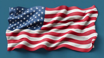 Obraz premium Waving American flag design showcasing vibrant colors and distinct patterns of stars and stripes against a blue background, symbolizing patriotism and national pride