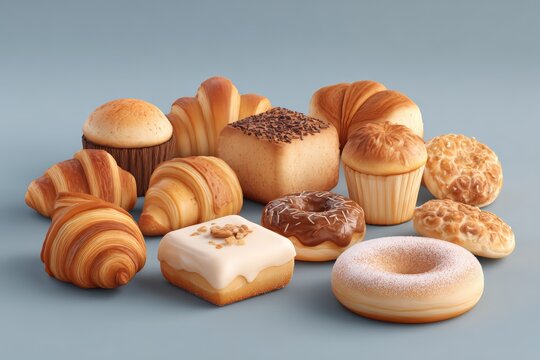 Assorted baked goods including croissants, muffins, and donuts sculpted in smooth clay style with shiny oily finish, ideal for mobile game shop ui and dessert-themed commercial asset design concepts.
