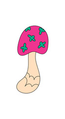Groovy psychedelic mushroom in a funky cartoon graphic style sticker. Pop shroom with vibrant pink and green colors, retro retro magic vibe, creative groovy element as a colorful sticker for fun and