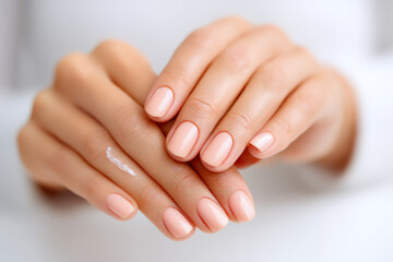 Fototapeta premium Manicured hands holding together in soft light for care and unity concept
