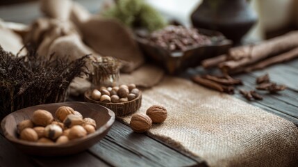 Rustic nuts lifestyle product photography advertising concept organic stylish modern composition decorative arrangement inspiration background culinary design