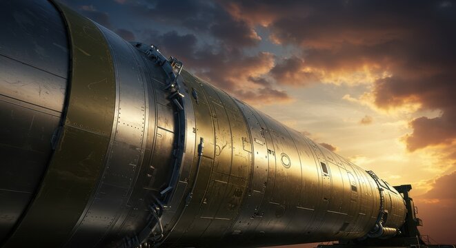 Close-up of an intercontinental ballistic missile on launch pad, ultra-sharp details, metallic reflections, dramatic sky background, photorealistic rendering.
