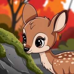 Cute deer in a beautiful cartoon background, a perfect image for children's books. A delightful depiction of a cute fawn in a lush environment, an image of innocence
