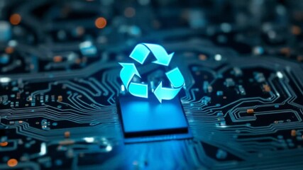 Glowing blue digital recycling icons floating above a futuristic circuit board with neon light effects. Concept of eco-friendly technology and green digital solutions. 4k video. - Powered by Adobe