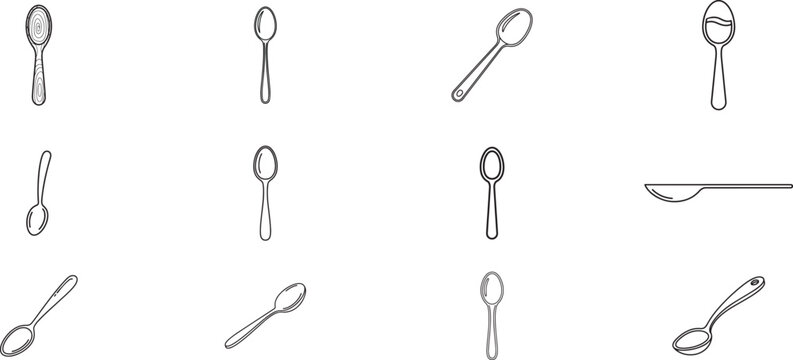 Diverse Collection of Stylized Spoon Icons for Culinary, Kitchen Utensils, Dining, and Food Preparation Illustrations in Design Projects