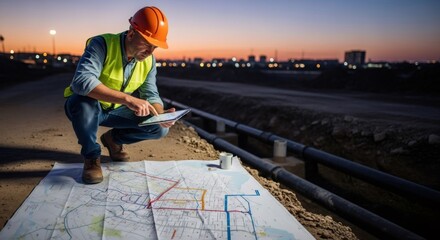 Engineer inspecting urban sewer and stormwater system map with tablet at dusk, focusing on pollution and wastewater treatment.