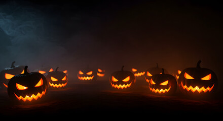 Spooky Halloween Pumpkin Patch: A captivating digital rendering showcases a glowing array of carved pumpkins. Each pumpkin, lit from within, casts an eerie orange glow amidst a thick smoky backdrop.