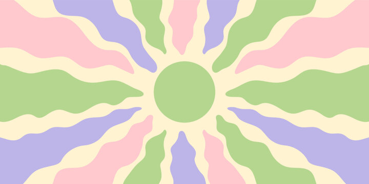 Groovy retro sun burst pattern with wavy shapes and flat color in a horizontal background. Abstract sunshine and y2k style create a bold motif. This modern look is ideal for trendy summer