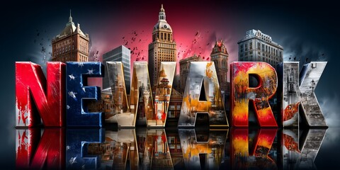 "Newark" stands out in bold 3D letters, reflecting a city skyline with fiery colors. The design highlights urban vibrancy and architectural charm.
