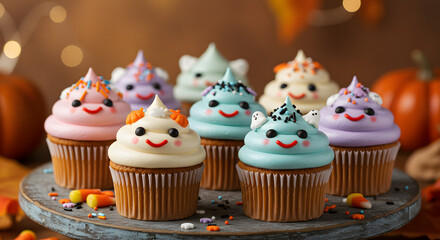 Whimsical Cupcake Delights: A vibrant collection of colorful cupcakes, playfully decorated to spark smiles, set against a warm, inviting backdrop.