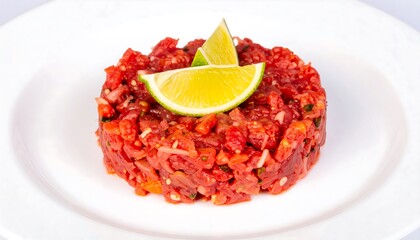 Delicious salmon tartare with fresh lime wedges presented on white plate