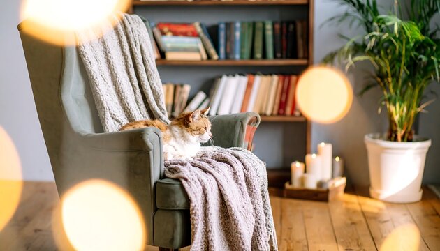 Cozy armchair with a cat and books in a warm living room setting.