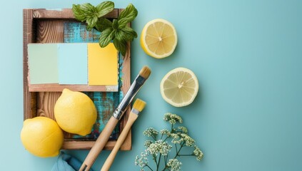 Fresh lemons, paintbrushes, color swatches on tray, pastel background, summer design