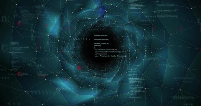 When code appears, blue network pulsing, rotating around void, visualizing data flow - Powered by Adobe