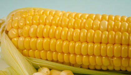 Close-up view of a bright yellow corn cob, showcasing the smooth, round kernels and the vibrant green husk.