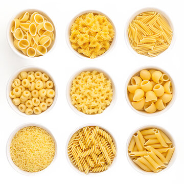 Nine round bowls filled with various types of dried pasta viewed from directly above transparent background