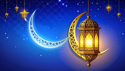 A radiant gold lantern hangs beneath a crescent moon, adorned with intricate patterns, against a backdrop of a deep blue night sky dotted with stars.