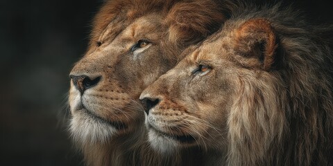 Fototapeta premium Two majestic lions gazing into the distance, showcasing their powerful presence in a natural habitat during twilight hours