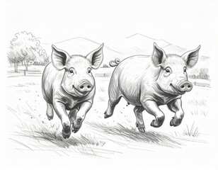 Fototapeta premium pencil sketch of two happy pigs playfully running around in a field