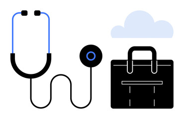 Stethoscope alongside a professional bag and digital cloud symbolizing healthcare, medical tools, and modern technology. Ideal for medicine, telehealth, technology, diagnostics, healthcare