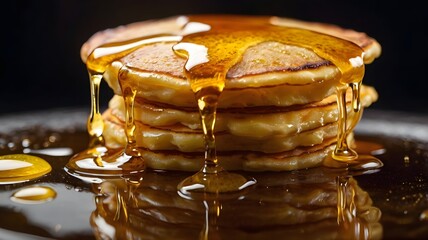 Stack of Fluffy Pancakes with Golden Syrup Dripping in Ultra-Realistic 4K Closeup