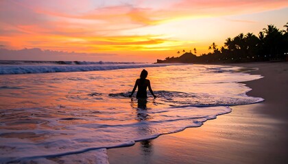 Silhouette of a person wading in the shallows at sunset, bathed in warm hues of orange and pink, with waves crashing on a sandy beach.