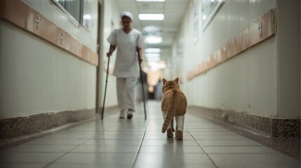 Injured ginger cat walks in hospital hallway with nurse on crutches.