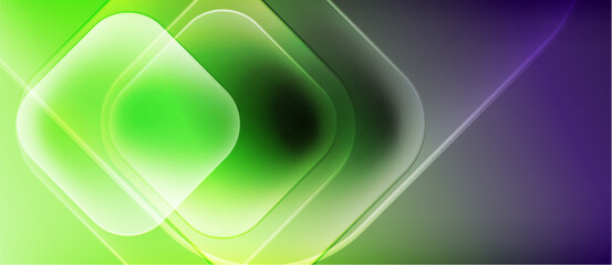 Abstract composition features layered squares, gradients. Bright green transitions to purple, creating dynamic visual effect. Smooth curves add depth.