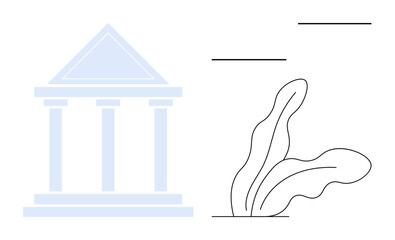 Architectural building with triangular pediment and pillars alongside minimalist abstract plant shapes. Ideal for civic institutions, government, history, art, architecture, education, decor. Simple