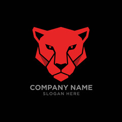 Geometric red panther head logo design on a black background, with text placeholders for company name and slogan.