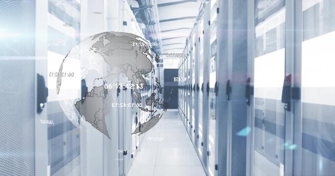 corridor with racks after frame two digital globe emerging and rotating and displaying global data