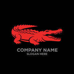 Red crocodile logo design on black background, fierce, powerful, company branding.
