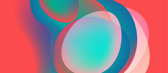 Abstract composition featuring overlapping translucent circles. Colors blendturquoise, coral, navy, magentacreating soft gradients. Minimalist design.