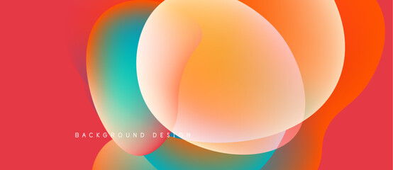 Abstract fluid shapes overlap, creating vibrant color gradients. Red background complements orange, turquoise hues. Modern design element.