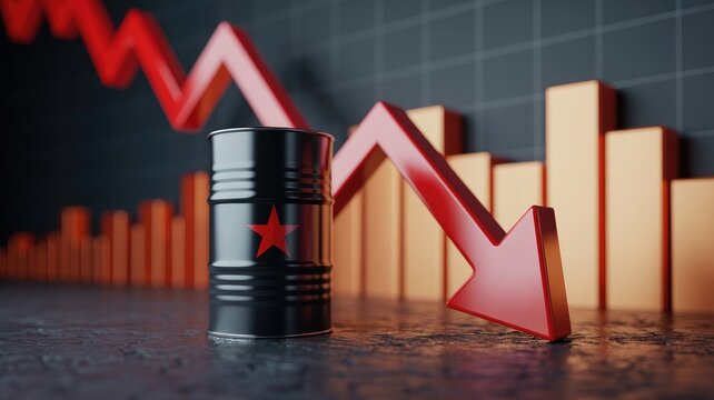 Dramatic oil price drop illustrated with red arrow and barrel symbolizing economic downturn fears