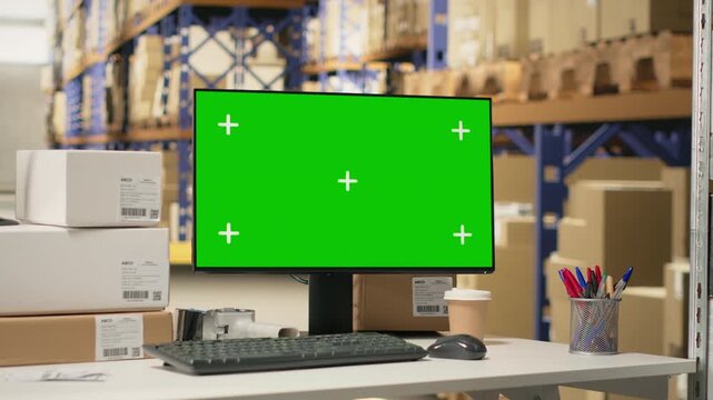 Empty warehouse with mockup display on computer monitor, ideal for logistics or tracking software or e-commerce dashboards. Surrounded by shelves, racks and boxes for order processing.