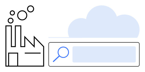 Factory emitting gases beside a cloud and magnifying glass search bar, representing industry innovation, cloud integration, environmental concerns. Ideal for tech, sustainability, industry