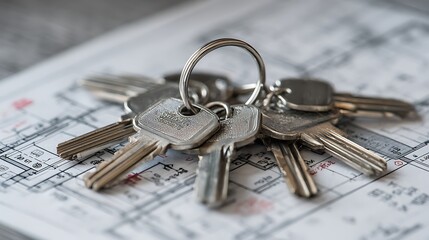A large ring of keys, each with a property identification tag, lies on top of a blueprint of an apartment complex. 